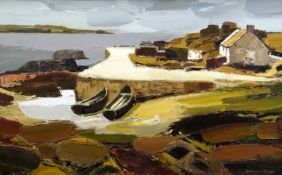 DONALD McINTYRE oil on board - quayside cottage with tethered boats on slipway and view looking