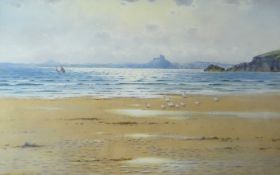WARREN WILLIAMS ARCA watercolour - coastal scene, Black Rocks, Criccieth with castle in the