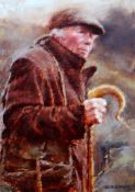 KEITH BOWEN oil on board - shepherd with crook, signed, 21 x 15 ins (53 x 38 cms)