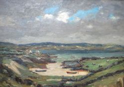 GYRTH RUSSELL oil on board - Irish landscape entitled verso 'Bally Connelly Bay, Connemara', signed,