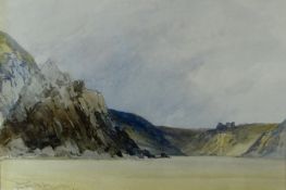 JOHN CALLOW watercolour - coastal scene with hilltop castle, signed and with title on Abbot & Holder