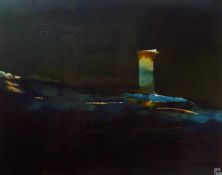 DEWI TUDUR mixed media - dark stormy seascape, entitled verso with Martin Tinney Gallery label '