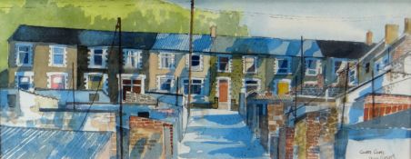 RAY EVANS watercolour - row of South Wales valley homes with 'back lane', entitled 'Cwm Carn',