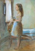 JAMES HENRY GOVIER watercolour - standing lady in bedroom, signed, 8.5 x 6ins (22 x 15cms)