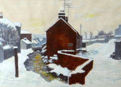 ANEURIN M JONES oil on paper - village with stream running through, and covered in snow, entitled