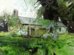 DAVID TRESS mixed media - view through graveyard of St Justinians Church, Llanstinian,