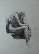 HARRY HOLLAND pencil sketch of a seated female leaning forward, signed, 13.75 x 10 ins (35 x 25