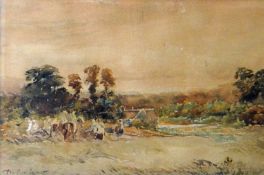 DAVID COX JNR watercolour - rural landscape with figures on a horse and a farmstead, signed, 7.25