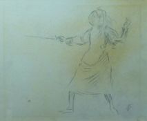 AUGUSTUS JOHN pencil sketch - portrait of a lunging fencer with weapon outward, initialled, and