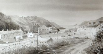 ALUN DAVIES watercolour - road leading down to harbour front entitled verso 'Pentref Porthgain' or