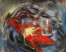 DAN LLYWELYN HALL oil on canvas - still life entitled verso 'Two Jugs Wrapped in Cloth', signed