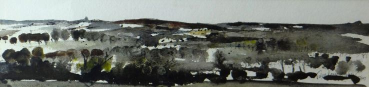 JOHN KNAPP FISHER watercolour - Pembrokeshire landscape, signed and dated 1967, 5.5 x 20 ins (14 x