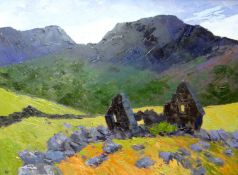 GWILYM PRICHARD oil on canvas - ruined farm building/barn with mountains in background, Martin