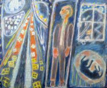 ERNEST ZOBOLE oil on canvas - night-time dream-like imagery including figure of a man, sleeping dog,