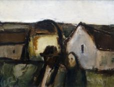 WILL ROBERTS oil on canvas - farmer and wife near outbuildings, signed with initials and entitled '