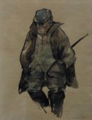 WILLIAM SELWYN watercolour - portrait of capped farmer with hands in pockets and walking stick under