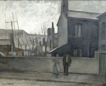 GEORGE CHAPMAN oil on canvas - two standing figures talking in a South Wales valley town, with