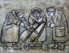 KAREL LEK oil on board, unframed - three elderly ladies doting on a baby in a pram, signed, 14 x