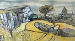 GWILYM PRICHARD mixed media - view over rocks towards Penmon Priory with sea in distance, titled
