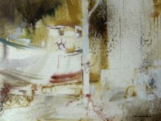 WILLIAM SELWYN watercolour - beached motor boat, signed, 17 x 22.75 ins (43 x 58 cms)