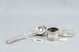 A shell handled silver sauce ladle, 3.2 ozs, London 1828, a silver napkin ring by Tiffany, 1.4 ozs