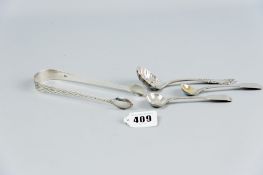 A Georgian silver bright cut sugar tongs, 1 oz, London 1824, a silver sugar sifter, 0.75 oz,