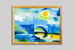 Manner of J L ISHERWOOD oil on board - sunset over a castle and bridge, bears signature and date