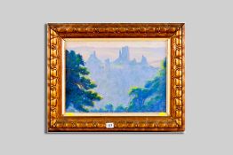 WYNFORD DEWHURST oil on board - landscape gorge with Rockies style outcrop in the distance,