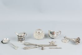 A small parcel of miscellaneous silver including a silver rimmed hobnail cut match bowl, a silver