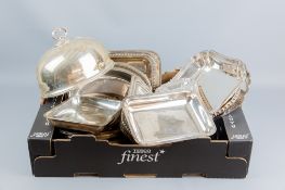 A box of sundry electroplated entree dishes and a plain domed food cover
