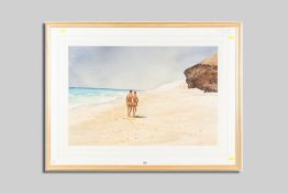 JOHN OCKENDEN (of Heswall, Wirral) watercolour - beach scene with two nude walking figures,