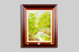 _ EVANS impasto on canvas - river scene with trees and bluebells, signed, 39 x 28.5 cms