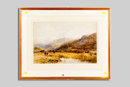 JOHN SYER watercolour - landscape with figures and cattle on marshes with mountain backdrop, signed,