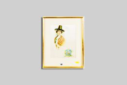 A print on silk of a young Welsh lady with Welsh shawl and hat and coat of arms, 26 x 20 cms and a