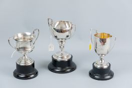 A parcel of three silver twin handled trophy cups, all on plinths - (1) 5 ozs, Sheffield 1957 (