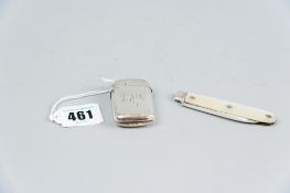 A plain silver vesta, monogrammed and a silver bladed mother of pearl fruit knife