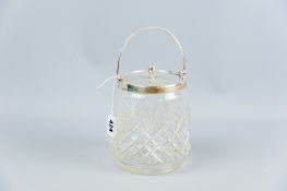 A hobnail cut glass biscuit barrel with silver rim, swing handle and lid, lid only 2.2 ozs,