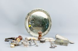 A parcel of smoking items, lighters etc, bottle openers, a pewter lidded box and a silver banded