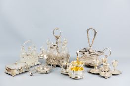 A parcel of electroplated condiments, a four piece egg stand, a strawberry and cream set and a toast