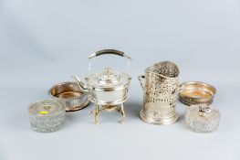 An electroplated circular spirit kettle on stand, an electroplated bottle holder, an electroplated