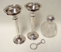 A pair of English silver rose-vases on circular bases, marks unclear; together with hobnail cut-