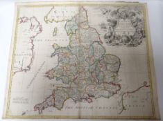 A coloured antiquarian 'New Map of England' by John Senex, 20 x 25ins (51 x 64cms)