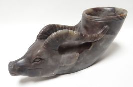 A Chinese agate ritual vessel in the form of an antelope head with looped antlers, possibly Tang