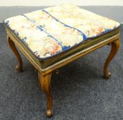 A square walnut framed tapestry-top footstool on cabriole supports