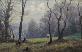 GYRTH RUSSELL oil on board - golfers at a green, entitled verso '5th Green Dinas Powys', signed,