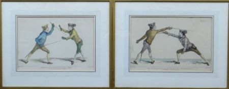 J GWIN DELIN pair of coloured antique French plate-prints - fencers in combat with inscriptions,