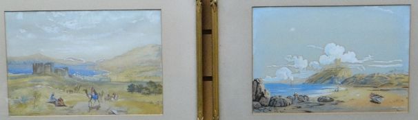 EARLY TWENTIETH CENTURY BRITISH SCHOOL watercolours, a pair - 1. Coastal landscape with castle and