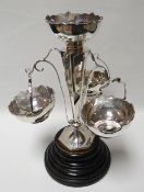 A three branch silver basket-epergne, the centre column of tapering vase-form, Walker & Hall
