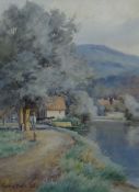 EDWARD BROWN RBA watercolour - landscape with figure in boat, tow-path and horse, signed, 18 x 13ins