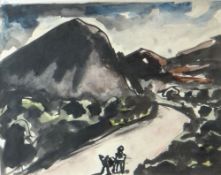 JOSEF HERMAN watercolour - landscape with figures on road, entitled verso 'Donkey, Man & Cart', 7.
